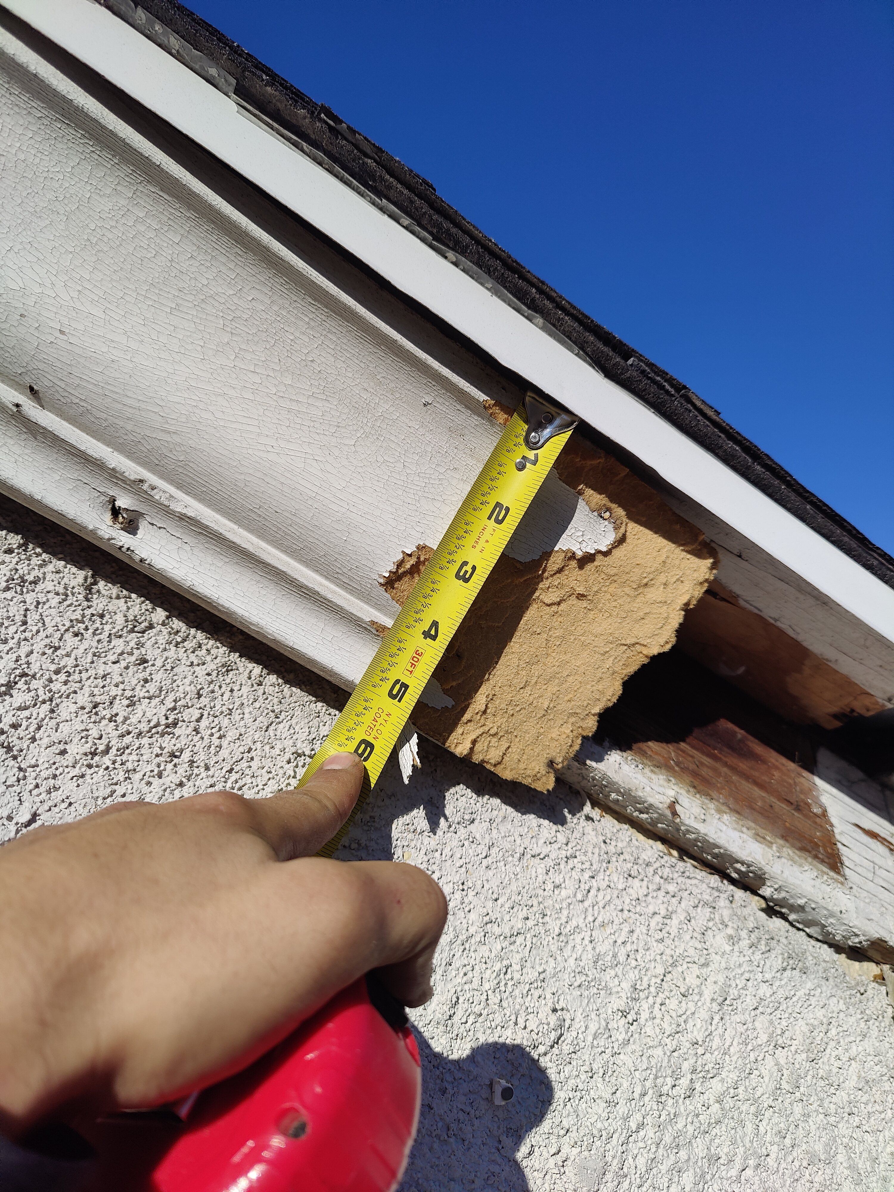 Tape measure on rotted fascia board showing extent of wood damage