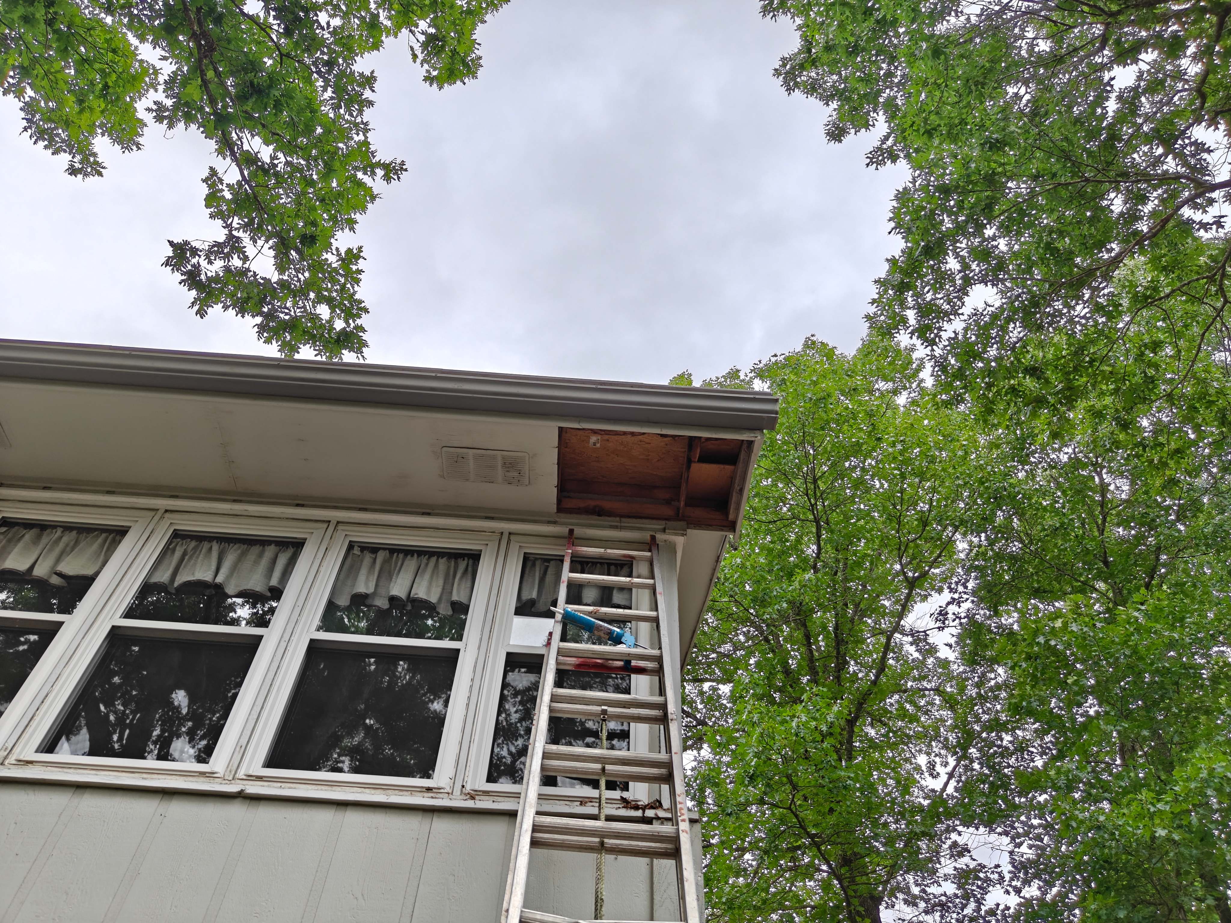 Damaged soffit and fascia showing wood rot before exterior trim repair in Bella Vista