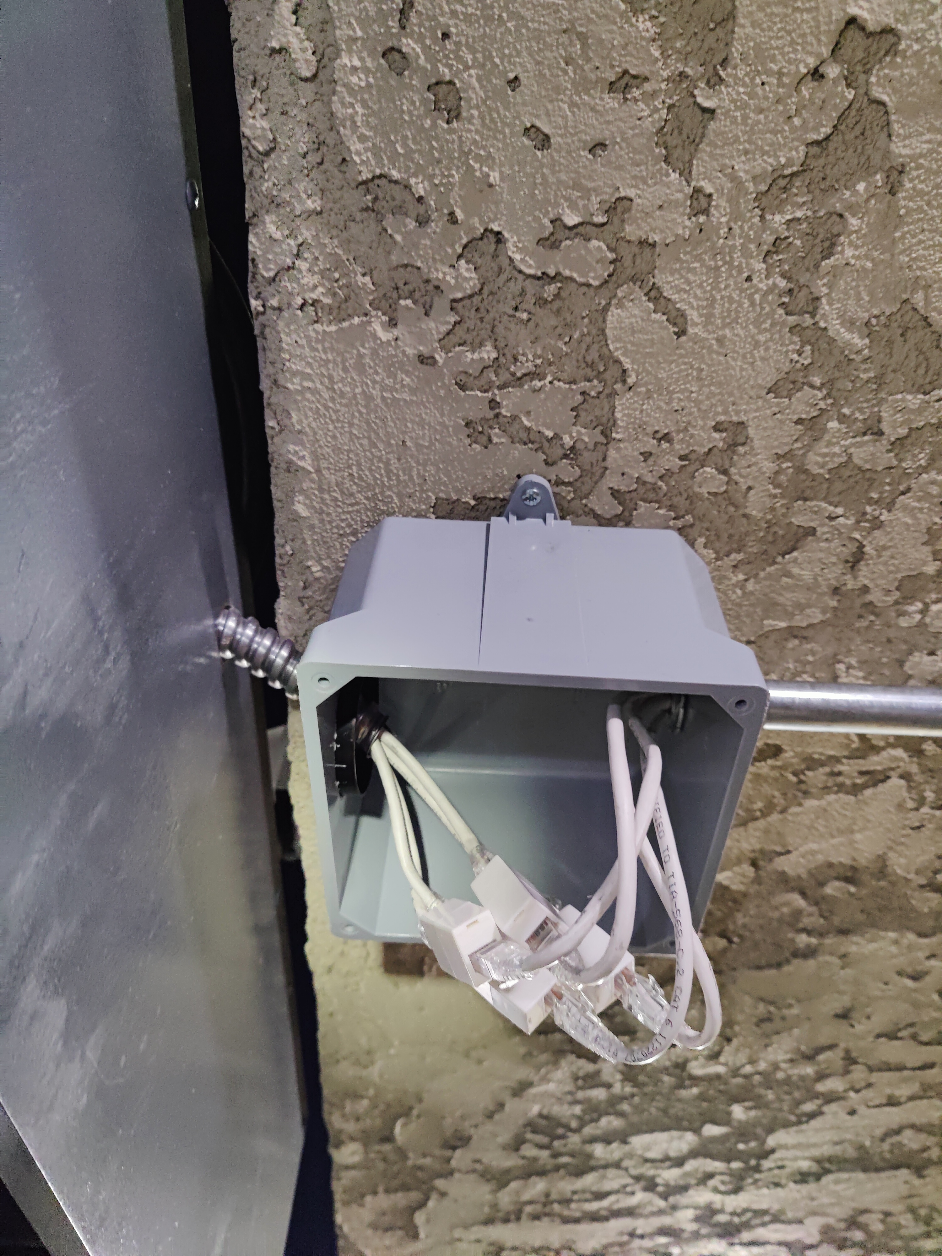 Junction box with Cat5e ethernet cables for CCTV camera network