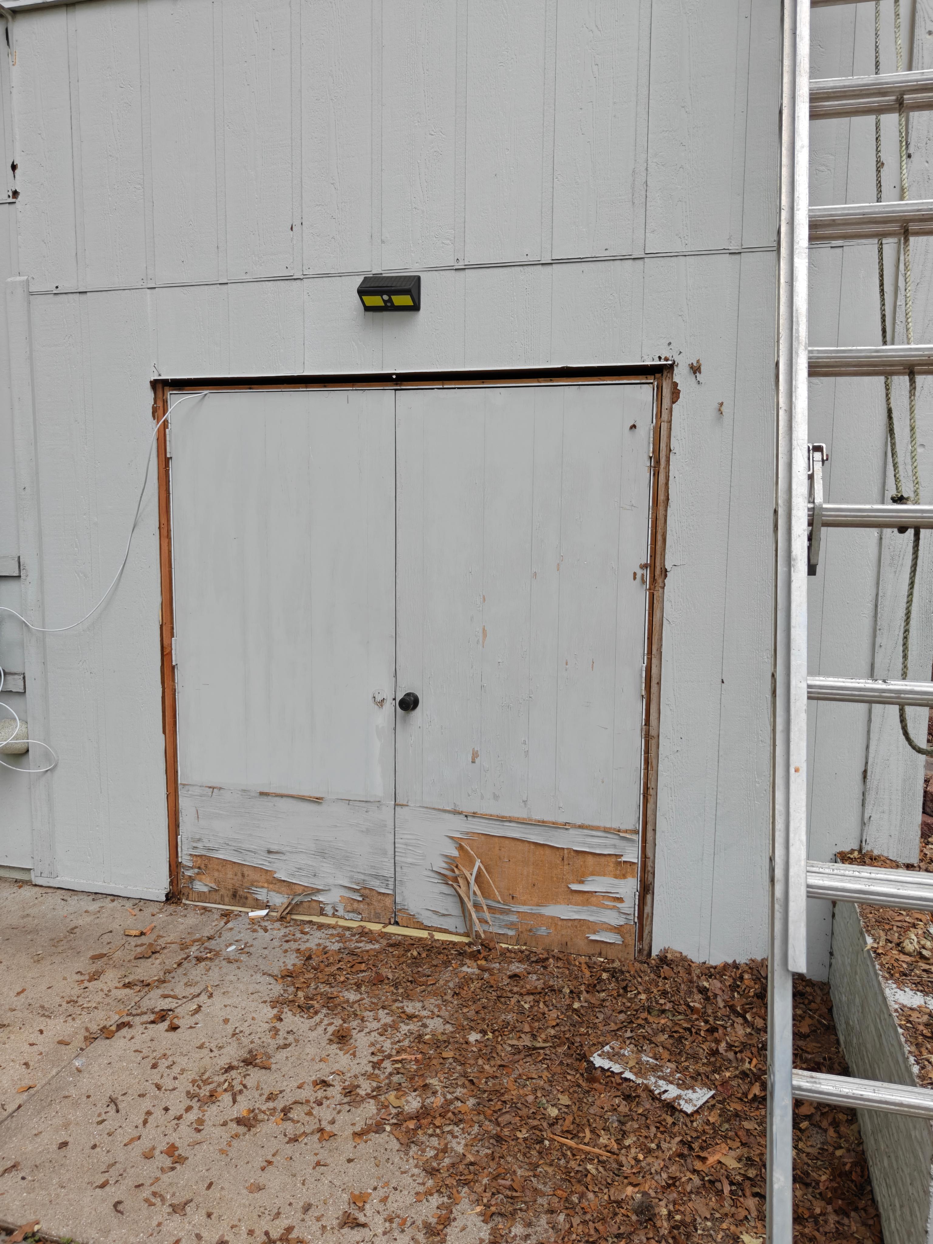 Exterior double utility door with rotted bottom panels and peeling paint before repair in Bella Vista